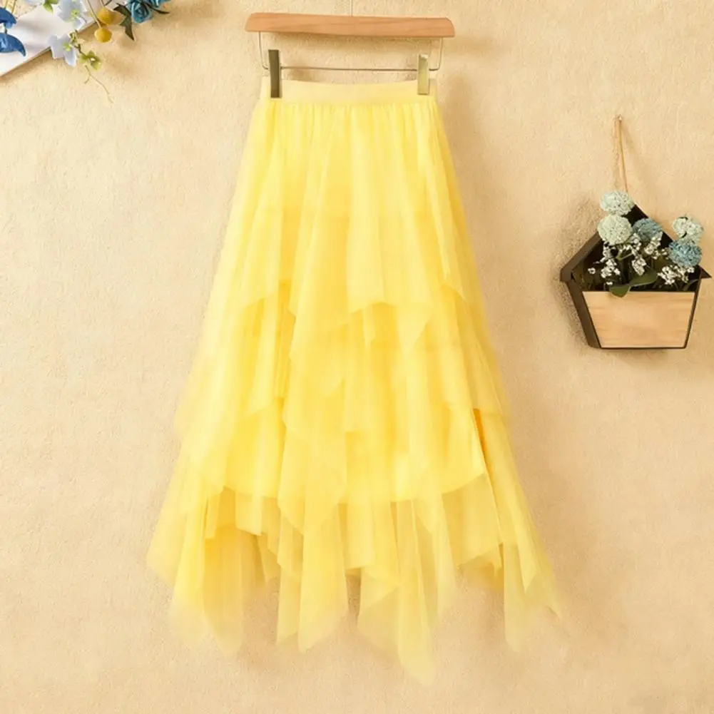 Women Elastic High Waist Midi Skirt, Irregular Multi Layer Hem Sparkling Rhinestone Decor Slimming Party Daily Wear Skirt