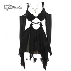 MEOWCOS Women Dark Bat Style Gothic Dress Black Camisole Cut Out Long Sleeves Dress Irregular Dress with Necklace