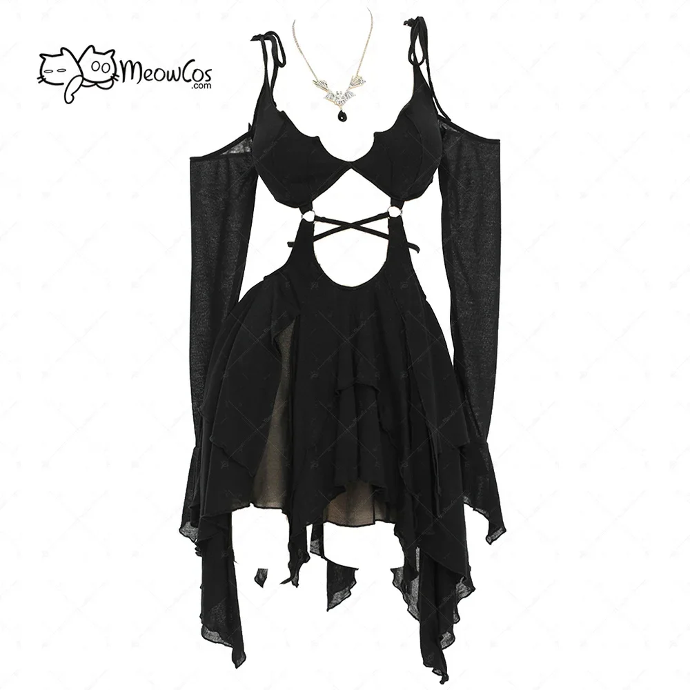 MEOWCOS Women Dark Bat Style Gothic Dress Black Camisole Cut Out Long Sleeves Dress Irregular Dress with Necklace