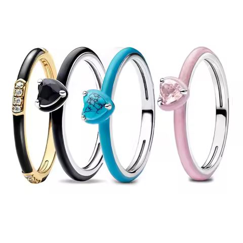 925 Sterling Silver Black&amp;Pink&amp;Turquoise Core Ring Couple&amp;Best Friend Gift Jewelry
