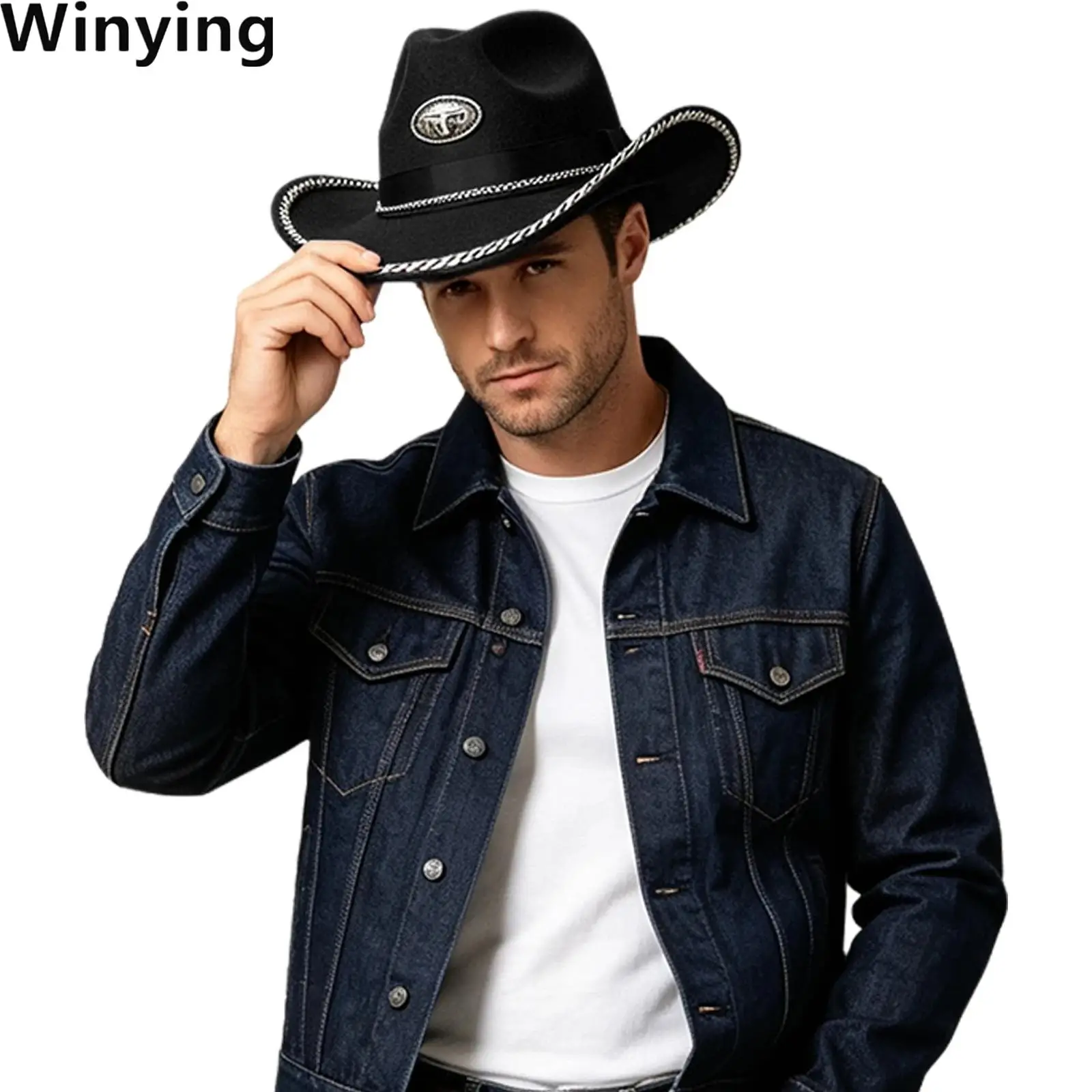 Adults Western Cowboy Cowgirl Hat with Chain Decor Vintage Jazz Hat Cosplay Accessories for Halloween Party