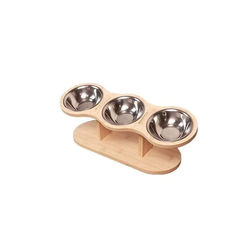 

Raised Cat Feeder 3 Bowls in 1 Feeding Watering Supplies 15° Raised Puppy 3 Stainless Steel Bowls Wood Stand Cats Accessories