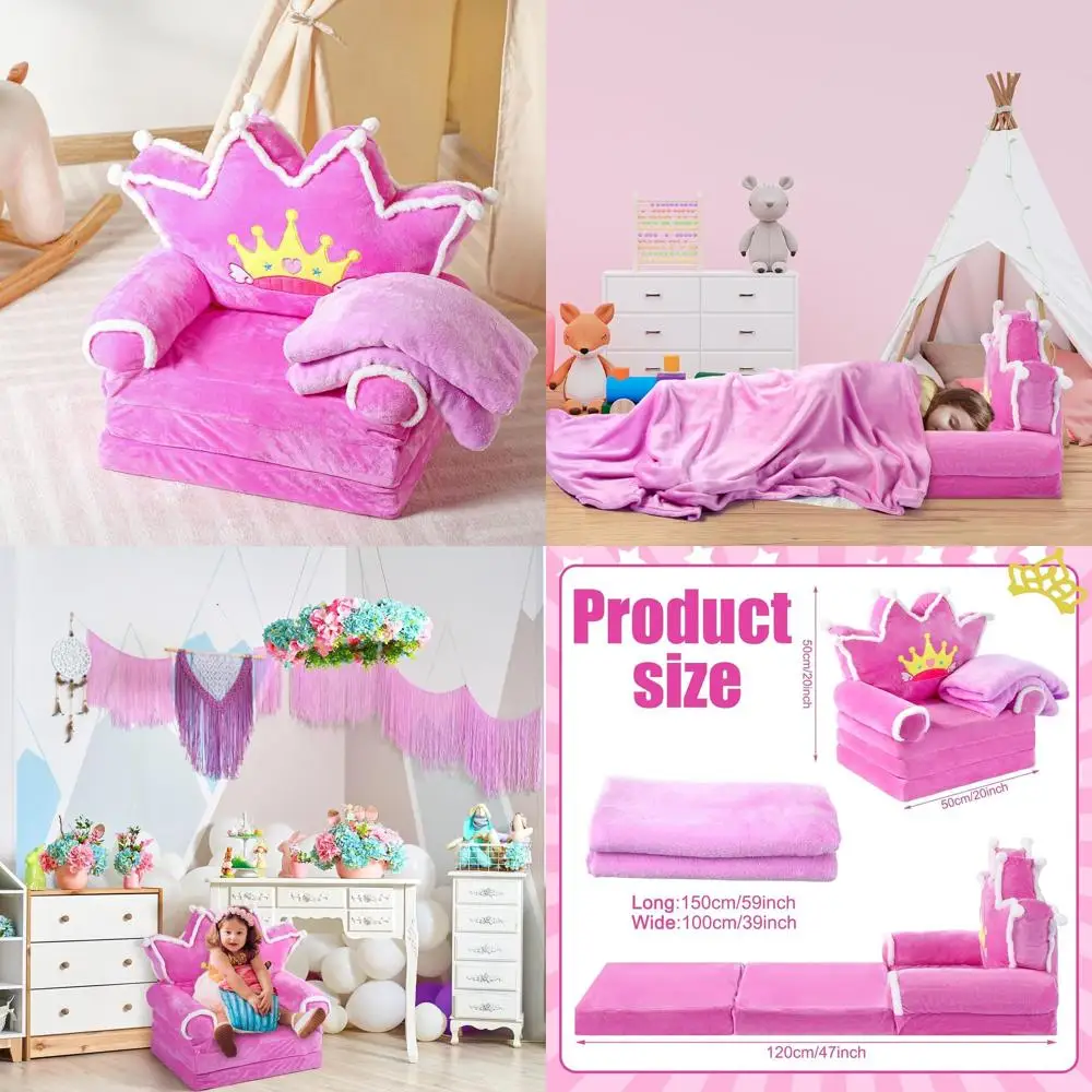 

Purple Toddler Couch with Flannel Blanket, 2-in-1 Foldable Sofa Bed for 1-3 Year Olds, Ideal for Reading and Sleeping