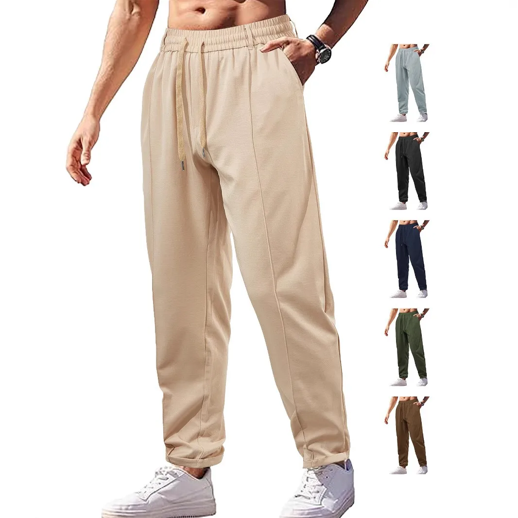 

Men Summer Baggy Pants Loose Fit Wide Leg Trousers Drawstring Waist Lightweight Casual Pants Solid Color Beige Long Pants