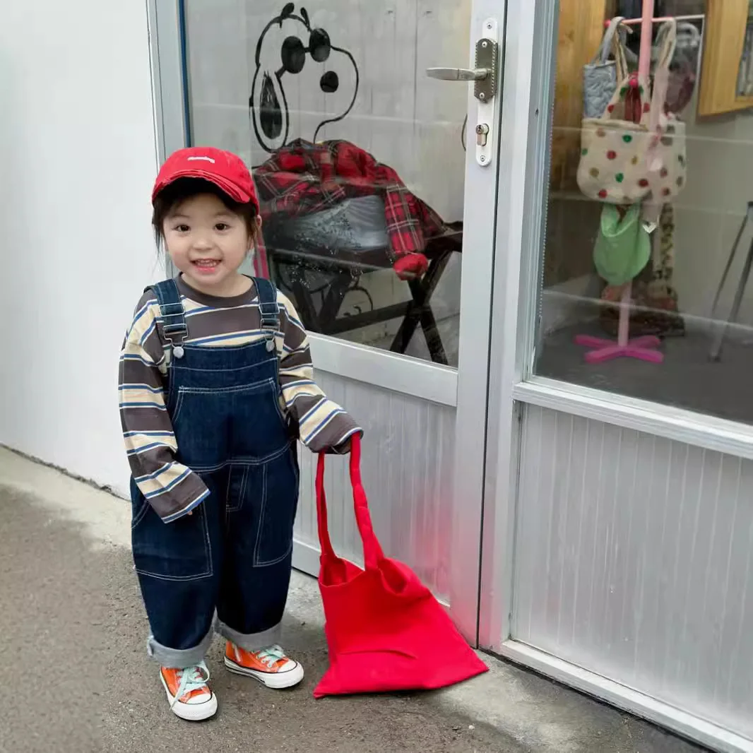 الفتيات السراويل 2024 الخريف جديد ملابس أطفال الكورية نمط الفتيات طفل النمط الأجنبي الرجعية قطعة واحدة واسعة الساق الجينز عادية بسيطة