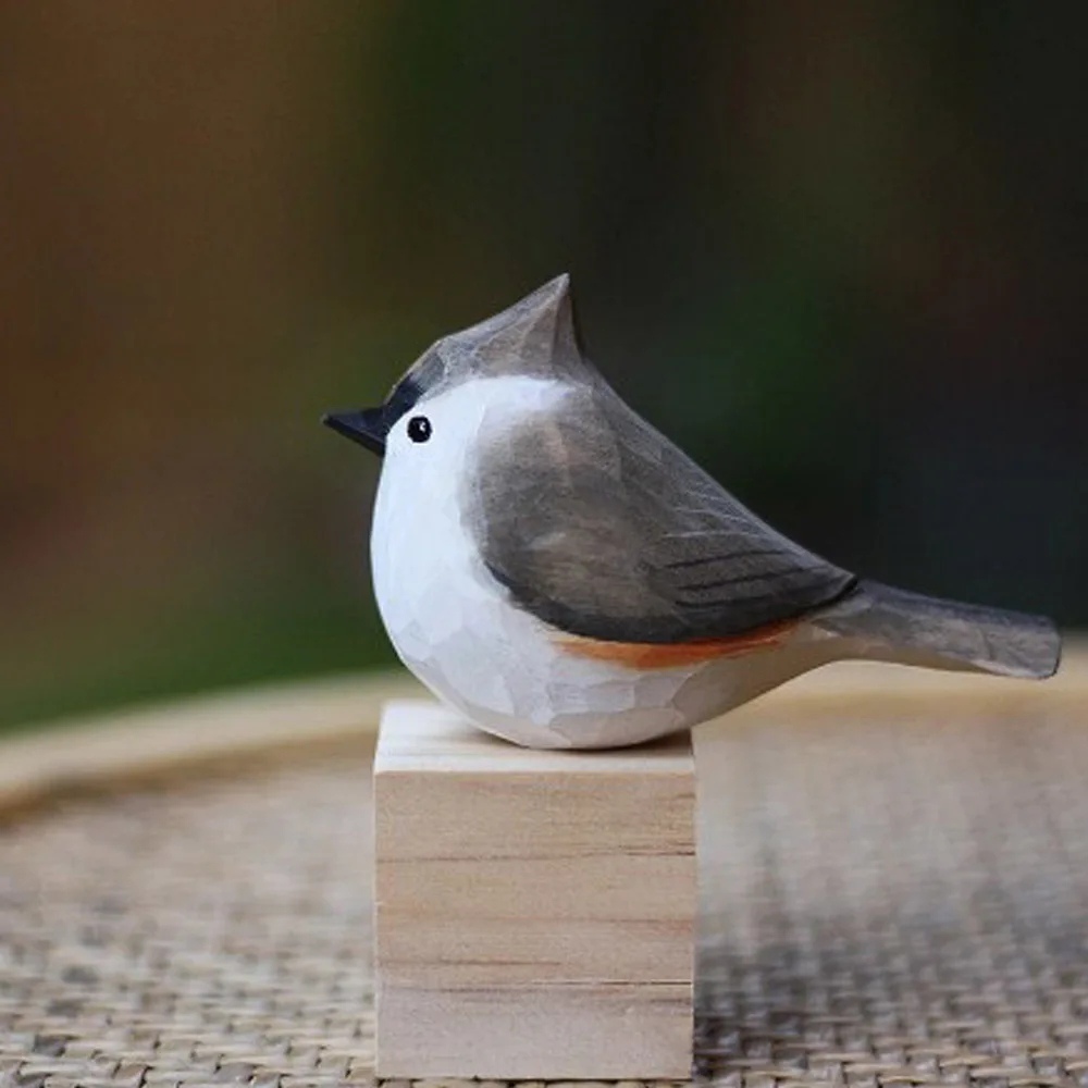 

Figurines for Interior Nordic North American Pure Handmade Solid Wood Carving Fat Bird Tufted Tit Garden Living Room Desk