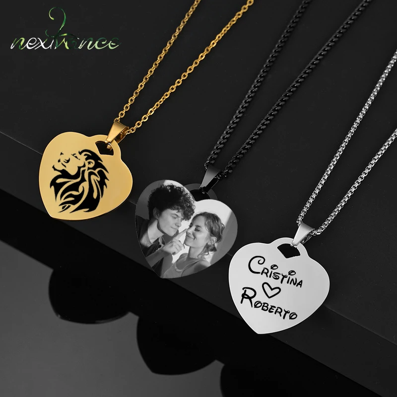 Nextvance Custom Necklace Engrave Photo Name Necklaces Stainless Steel Heart Pendant Chain Necklace For Women ID Jewelry Gift