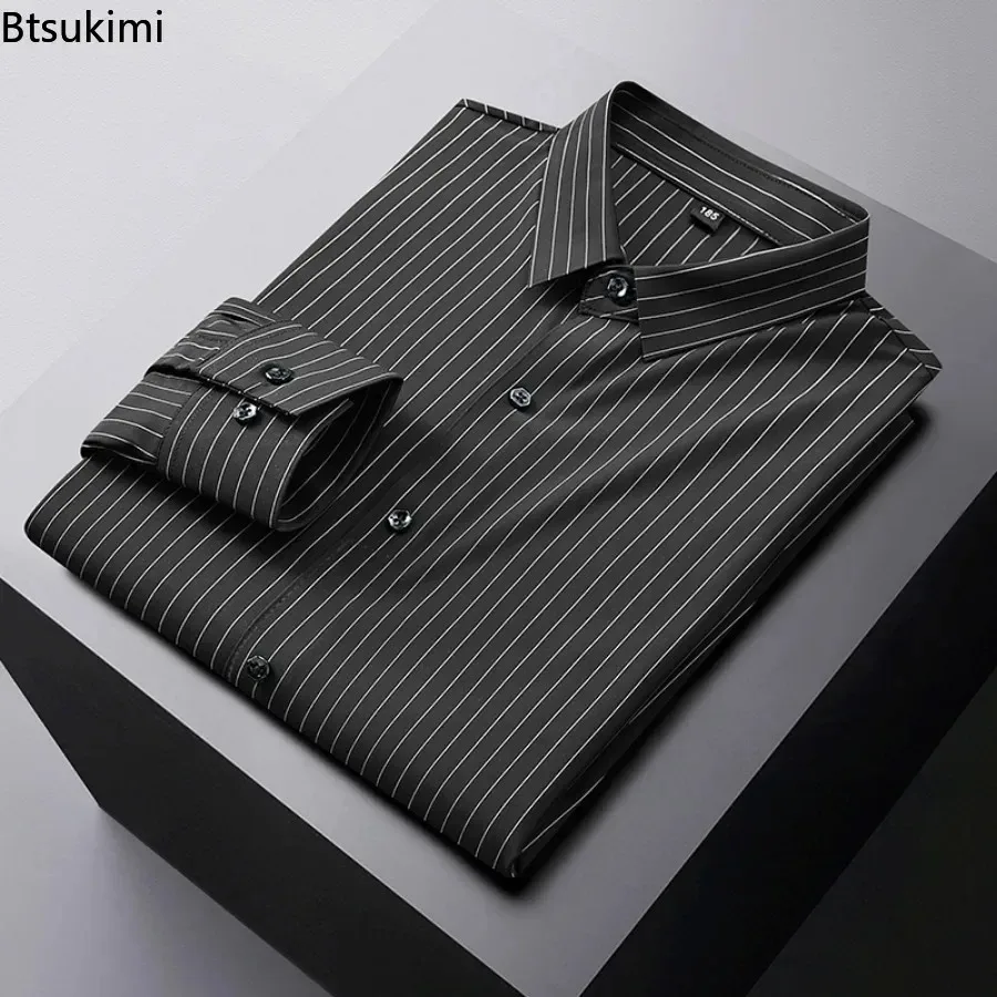 Large Size 10XL Men's Long Sleeve Stripe Dress Shirts High Elastic Loose Casual Pullover Shirt Men Business Social Formal Shirts