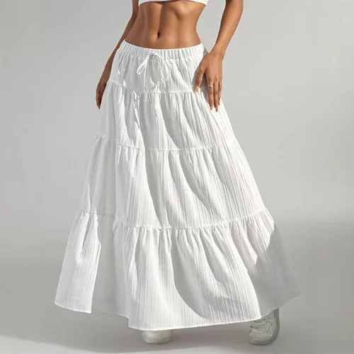 Falda larga blanca de verano para mujer, faldas básicas lisas con cordones y lazo de cintura baja, faldas grandes con vuelo, vestido Maxi holgado informal de calle para mujer
