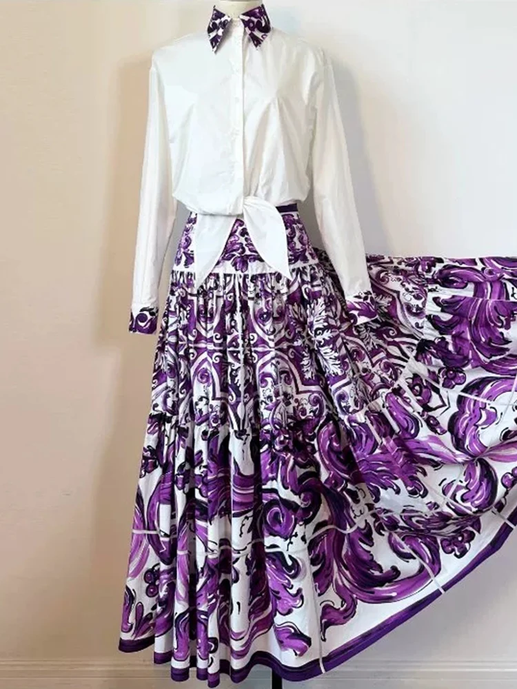 2026 Frühling Damenmode Farbblock Revers Gürtel Kurzes Hemd Zweiteiler + Retro-Print Loser Rock Modisches Outfit