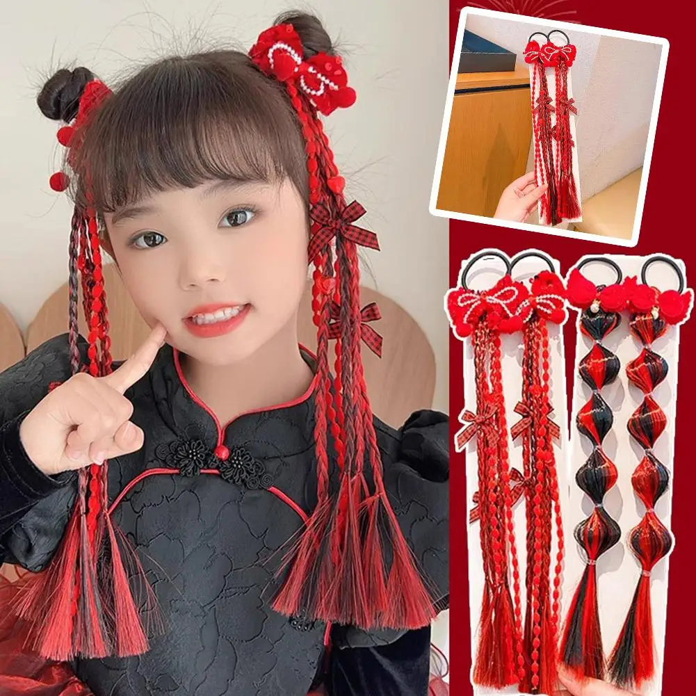 Children's New Year Red Sweet Cool Wig Braided Headwear, Twist Braid Festive O5E4