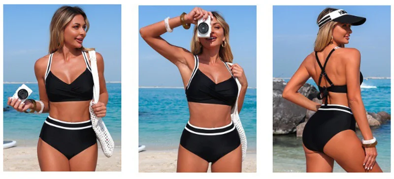 Damen-Bikini-Set mit hoher Taille, Twist-Front und überkreuztem Rücken, zweiteiliger Badeanzug, Retro-Badeanzug mit Bauchkontrolle, Sommer-Strand-Bademode – Detail 3
