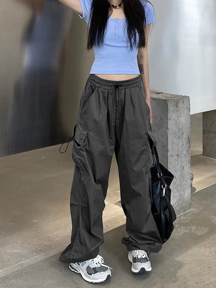 Women Big Pockets Cargo Pants Y2K Harajuku Drawstring Oversized Pants Female Street Style Solid Sweatpants Joggers Trousers