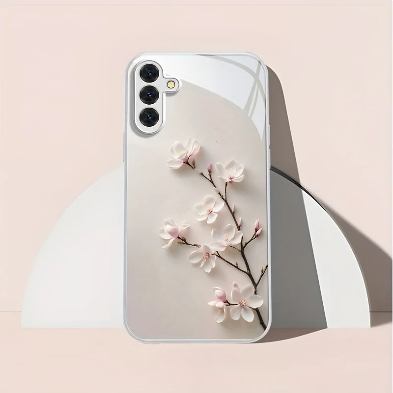 White flower pattern electroplated glass case, suitable for Samsung S26/S25/S24/S23/S22/S21/A71/A72/A35/A16 and other models.