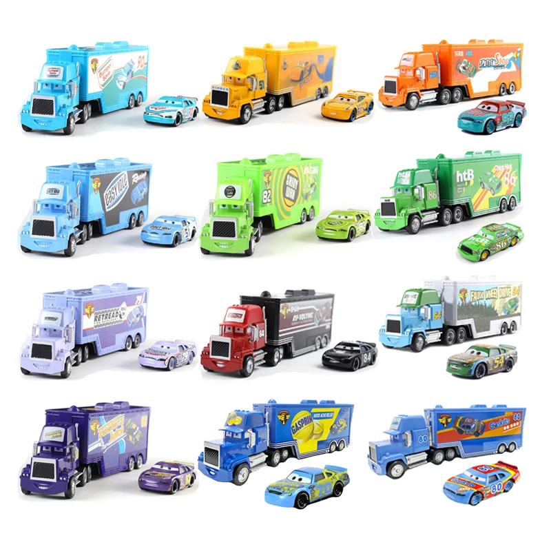 Ensemble de camions Disney Pixar Cars, remorque de transport en alliage moulé sous pression, jouet Lightning McQueen Rusteze, modèle de voiture de collection, cadeaux d'anniversaire pour enfants