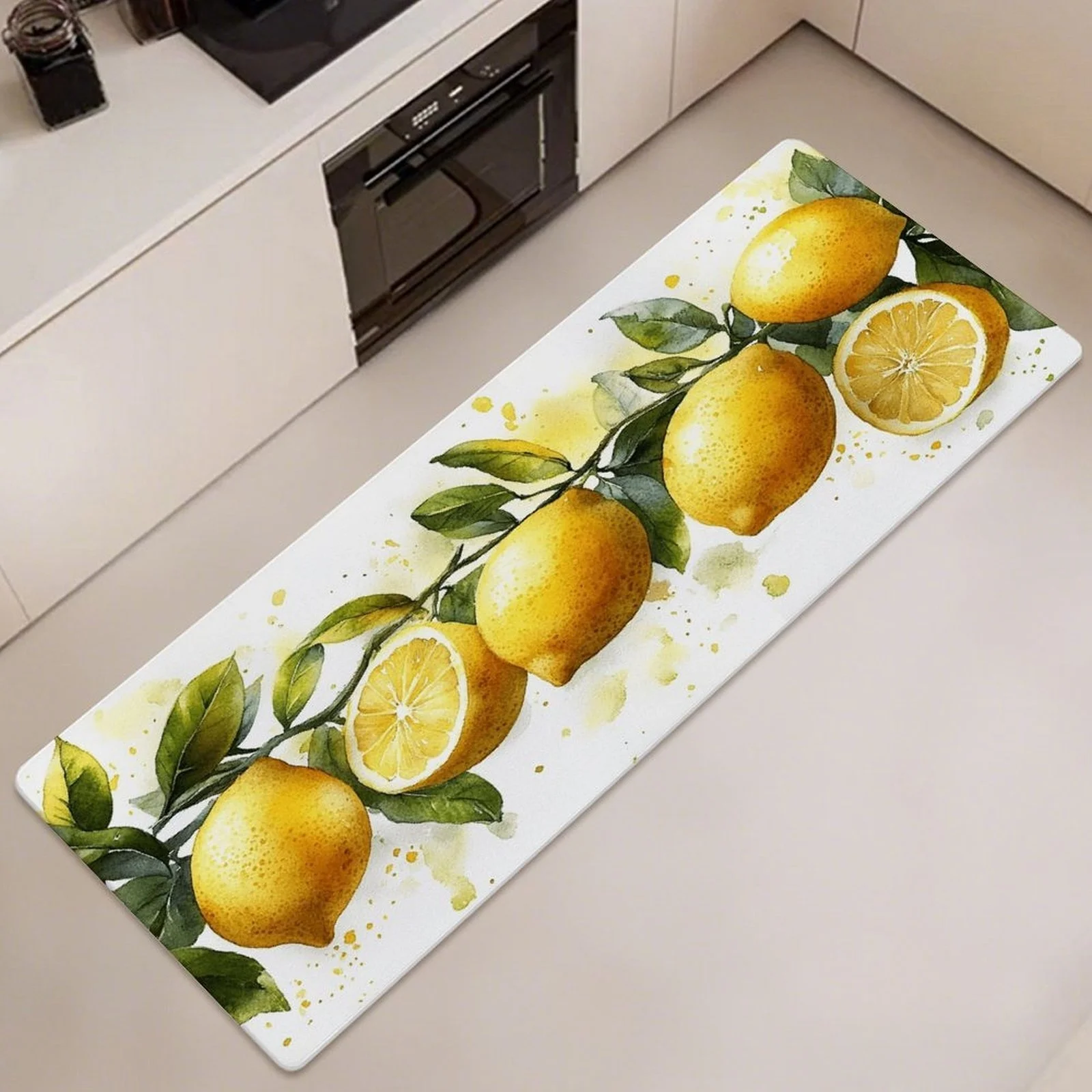 

Watercolor Lemon Kitchen Long Mat, Non-Slip Washable Runner Rug with Citrus Print for Kitchen, Bathroom, Laundry Room Decor