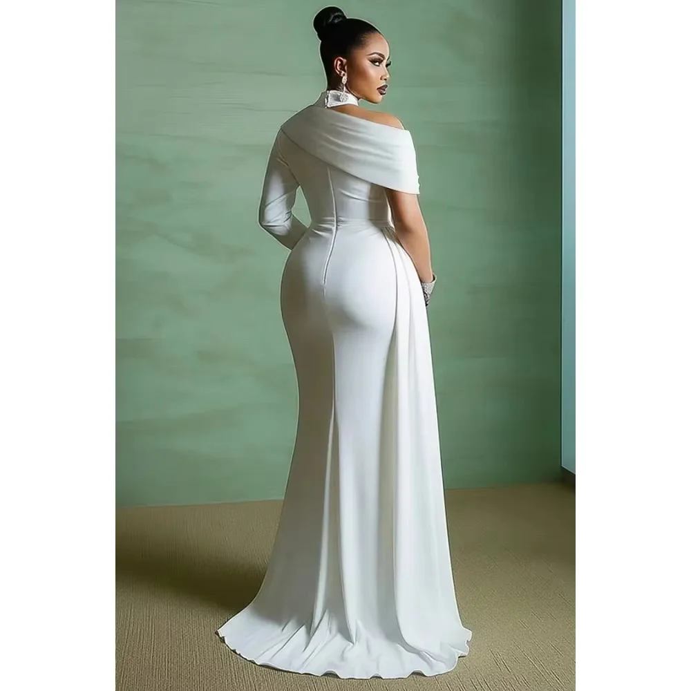 High‑neck long‑sleeve mermaid evening dress in smooth satin, custom size available. Modest decent design for Saudi Dubai banquet