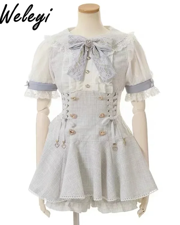 Vestido japonês de camisa doce e shorts, Lolita, Mina Gitl, Produção em massa, Laço, Manga comprida, Vestidos de coração de amor, 2 pcs terno