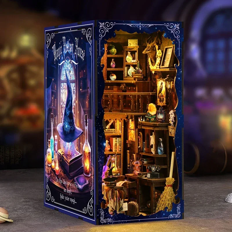 

DIY Wooden Book Nook Shelf Insert Magic Potion House Miniature Model Kits Bookshelf With Light Bookend for Friends Birthday Gift