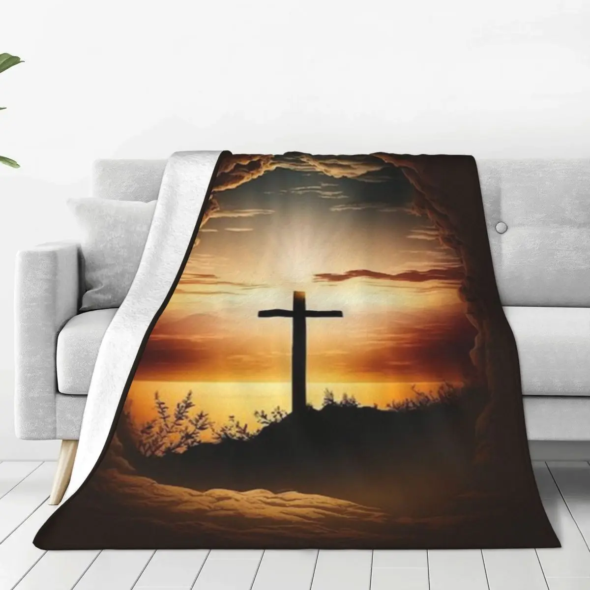 Christian Cross Flannel Blanket Sunset Super Soft Bedding Throws for Living Room Camping Funny Bedspread Sofa Bed Cover