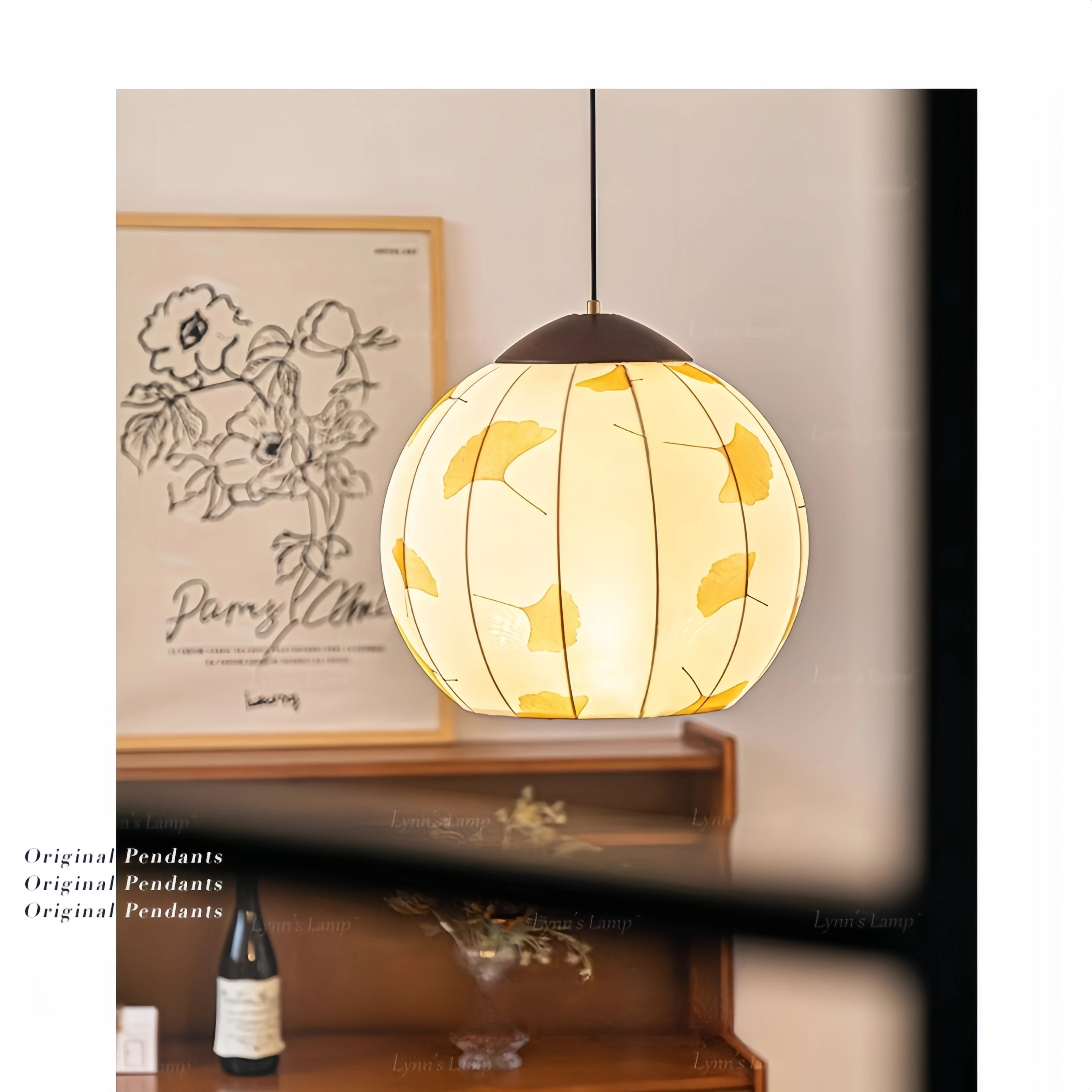 Japanese Style Pendant Lamp Ginkgo Leaf Design Natural Fabric Pendant Light for Bedroom Living Room Dining Room Decorative Lamp