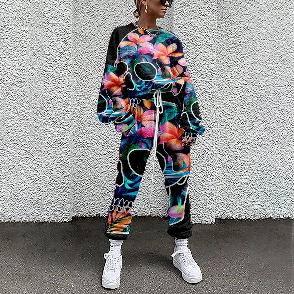 Abbigliamento donna Set 2 pezzi completo completo cranio stampato Casual tuta sportiva Set Streetwear tuta da donna pantaloni sportivi sudaderas