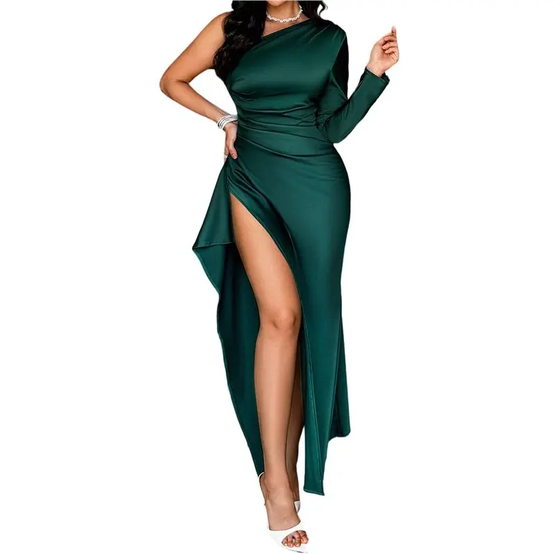 AT33 レディース ウェディングゲスト マキシドレス 秋 ワンショルダー スリーブ サテン ボディコン ハイ スリット カクテル フォーマル プロムドレス