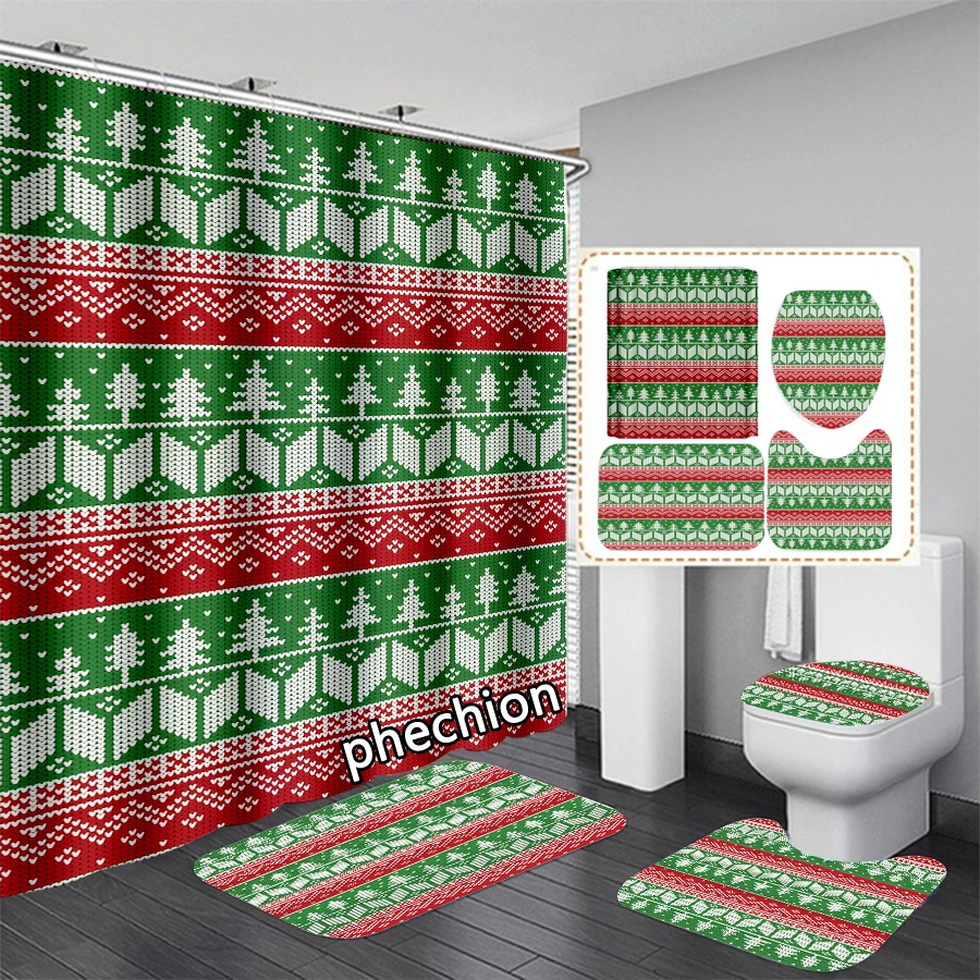 phechion New 3D Print Christmas Pattern Shower Curtain Waterproof Bathroom Curtain Anti-slip Bath Mat Set Toilet Rugs VR235