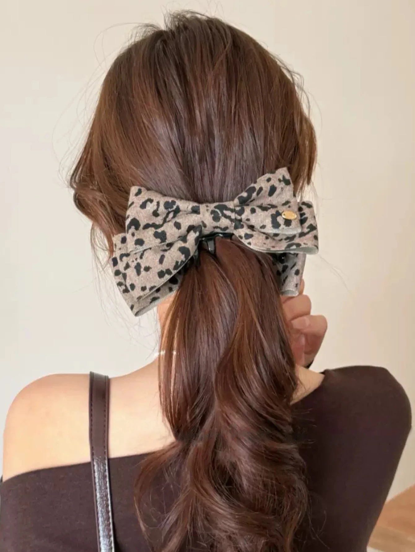 1PC vintage-style classic leopard print double-layer bow banana clip, versatile and fashionable half-up hair clip/accessory