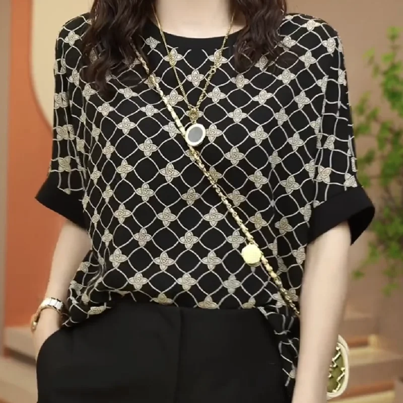 Vintage Fashion Summer Women\'s O-Neck Printing Screw Thread Patchwork Batwing Sleeve Temperament Versatile Loose T-Shirts Tops