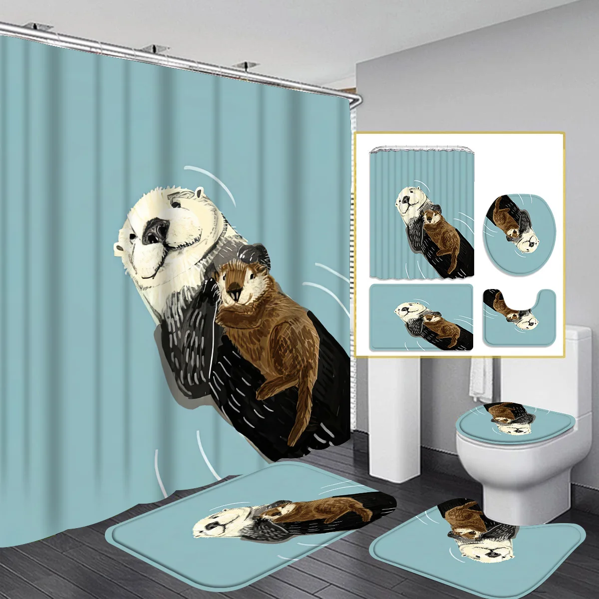 

4pcs Bathroom Set, Shower Curtain, Absorbent Bathroom Floor Carpet, U-Shaped Contour Rug & Toilet Lid Mat, for Bathro