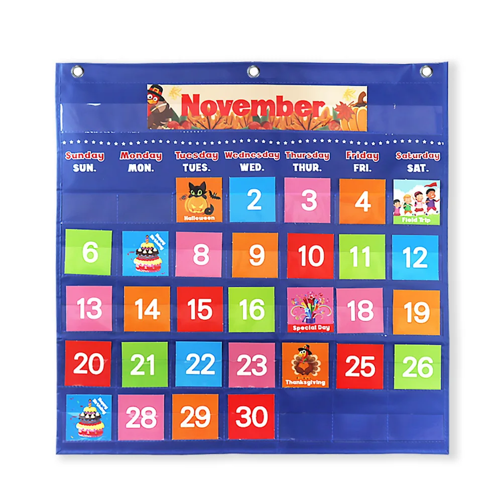 88pcs Cards Home Kindergarten Calendar Pocket Chart Teaching Aids Hanging Bag For Kids Preschool Learning Montessori