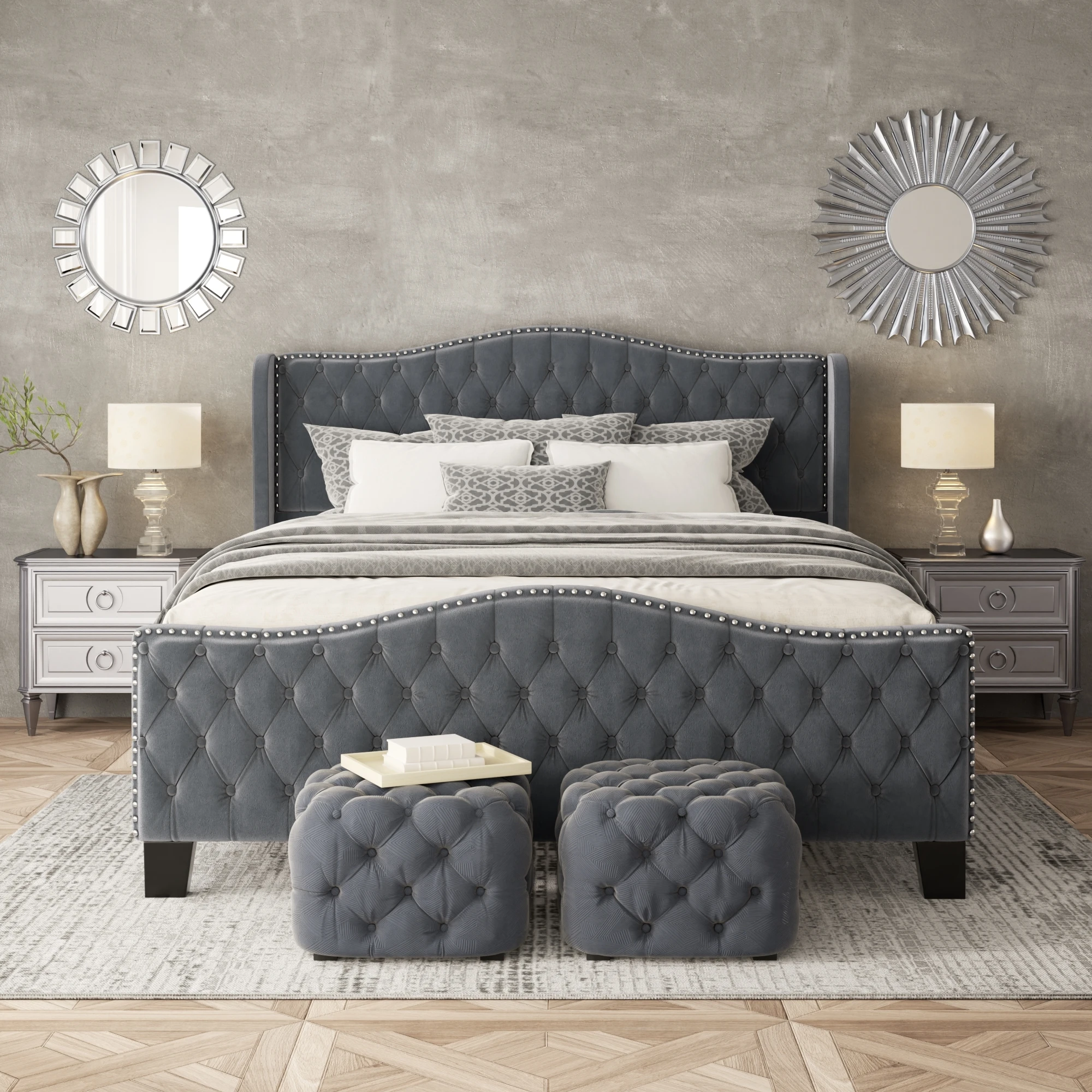 King Size Bed Frame with 51-inch Tall Camelback Headboard & Wingback, Deep Button Tufted Footboard with Nailhead Trim, Dark Gray/Beige