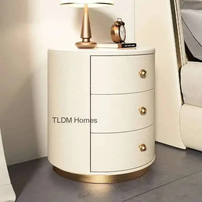 High-end Luxury Solid Leather Wood Bedside Tables Nightstands Round Design Bedroom Bedside Table Night Table Bedroom Furniture