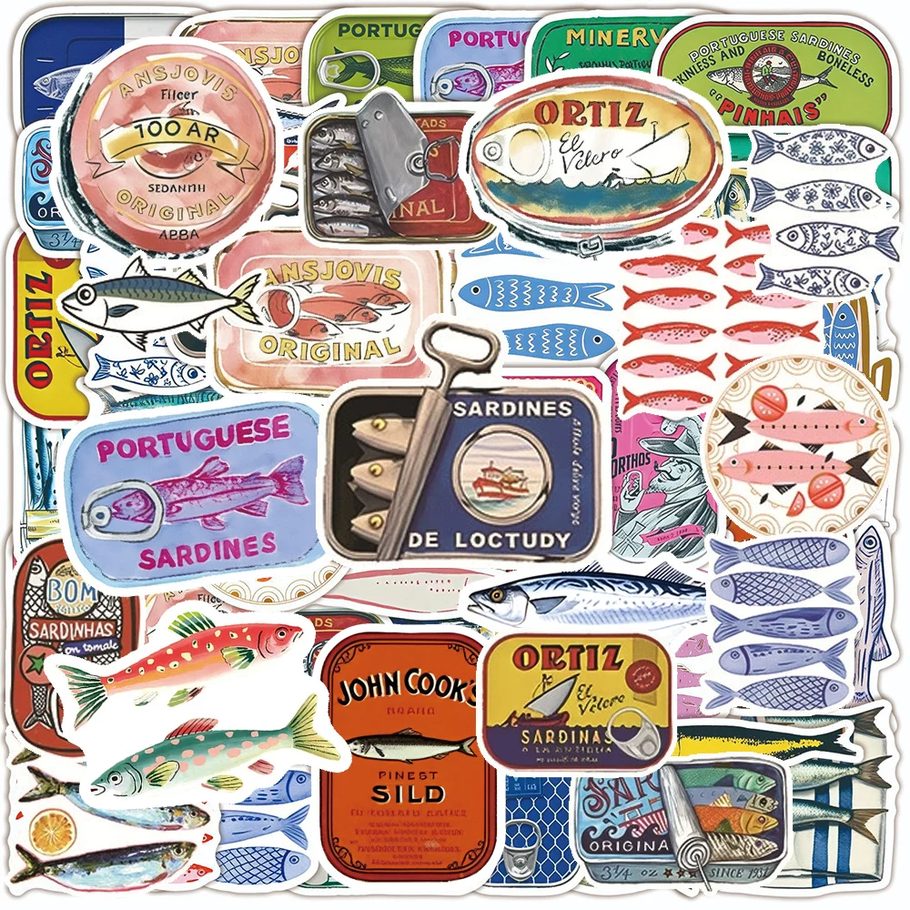 

10/30/50pcs INS Style Vintage Sardine Illustration Stickers Funny Decoration Decals Toy DIY Motorcycle Helmet Waterproof Sticker