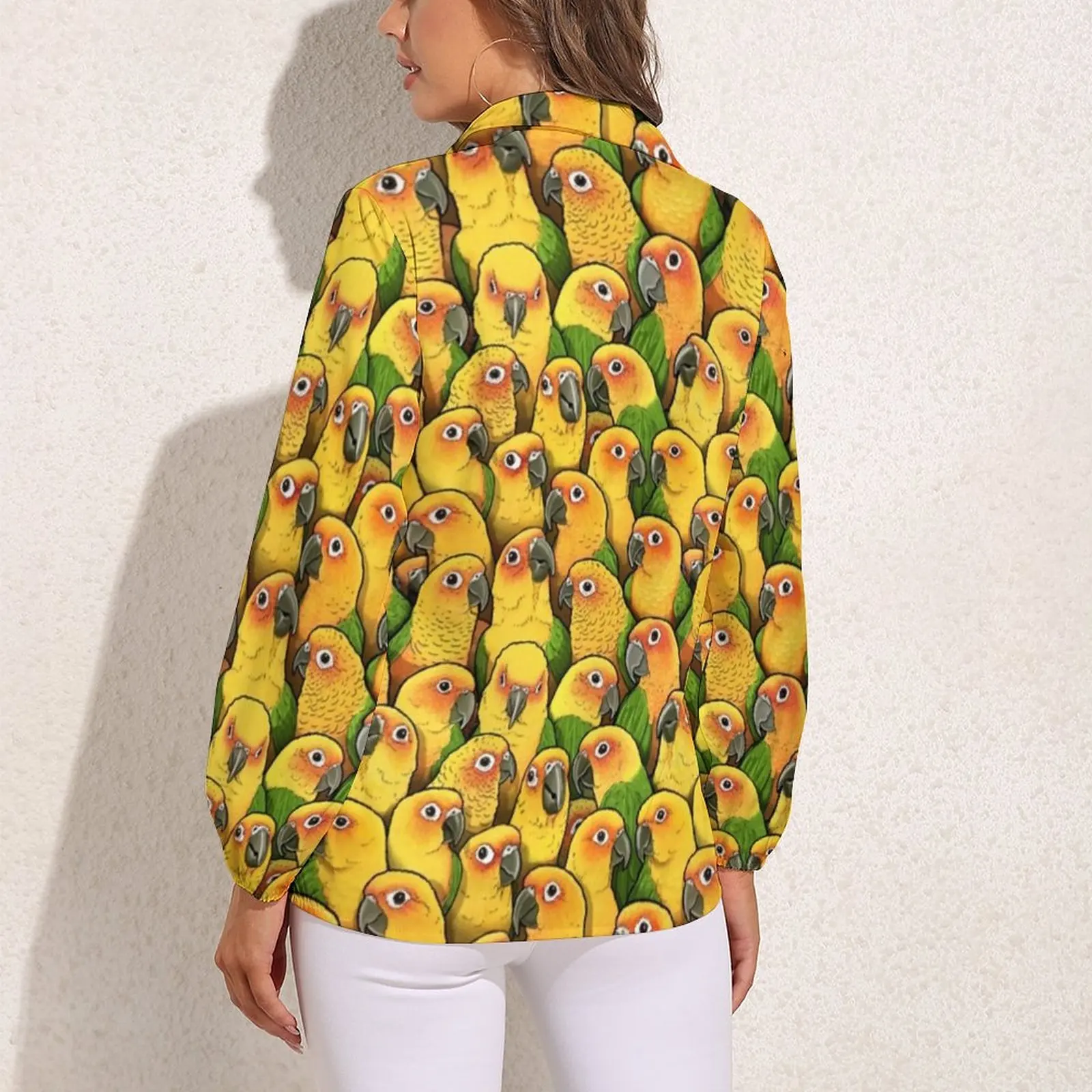 Yellow Parrot Print Blouse Long-Sleeve Jenday Conures Kawaii Blouses Women Street Fashion Oversized Shirt Graphic Top Present