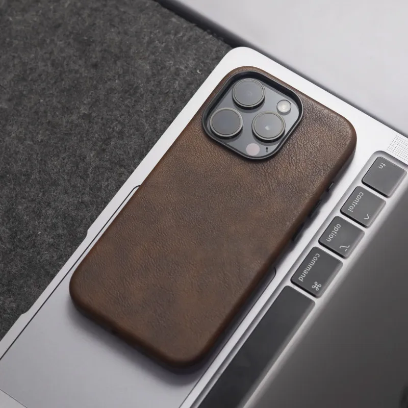 

Retro Premium Brown Leather Case For iPhone 12 13 14 15 16 Pro Max Plus Strong Magnetic Attraction Metal Camera Protection Cover