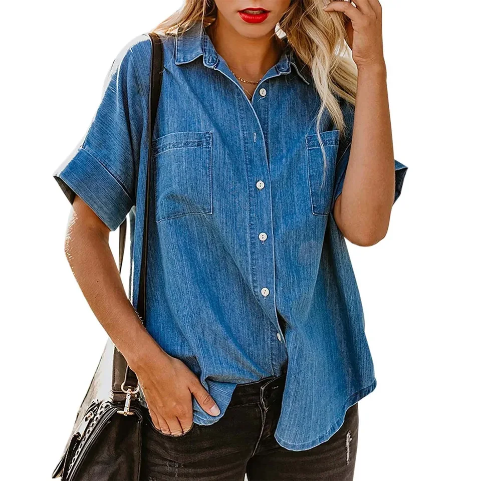 빈티지 3/4 소매 캐주얼 가을 셔츠 봄/여름 여성용 순색 데님 셔츠 & 여성용 반팔 블랭크 셔츠