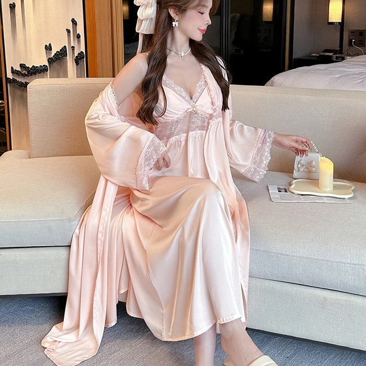 2PCS Lace Robe Gown Sets V-Neck Women Bathrobe Kimono Intimate Home Dress Satin Suspender Nightgown Spring Sleepwear Loungewear