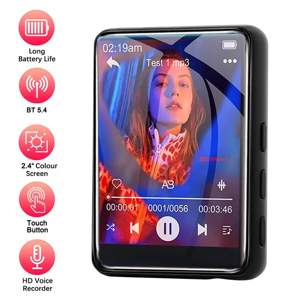 مشغل MP3 بشاشة لمس 2.4 بوصة مدمج 32 جيجابايت بلوتوث MP3 وكمان توسيع الذاكرة تسجيل الصوت مشغل موسيقى تشغيل الفيديو