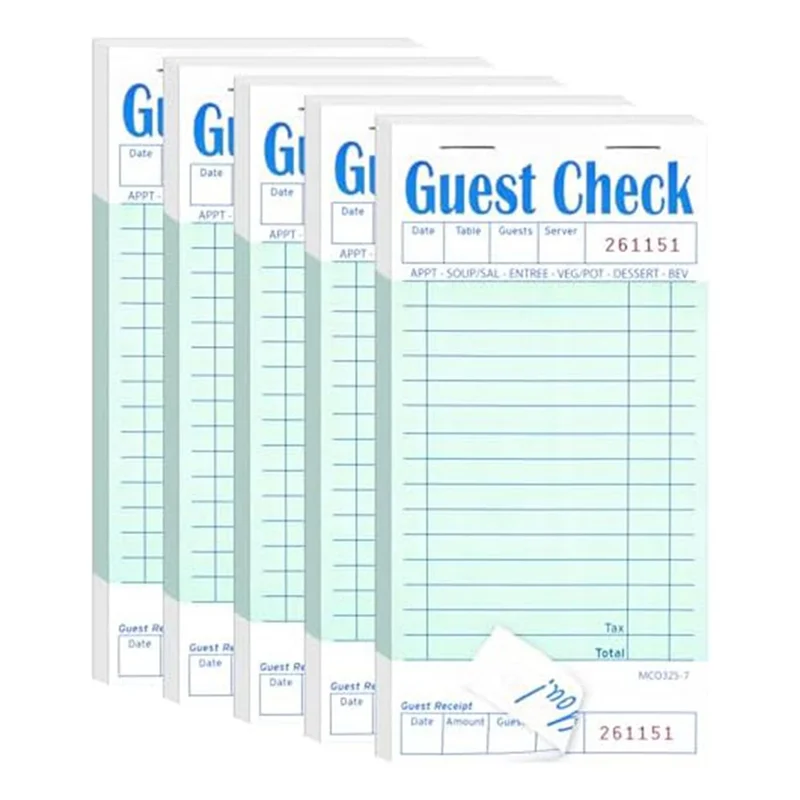 A23E-5 Pack Guest Check Books, Server Note Pads For Restaurant, Green Waiter Checkbook, Restaurant Order Pad 50 Sheets/Pack