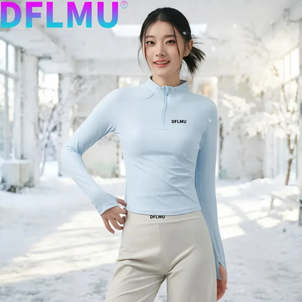 Damen Sport-T-Shirt mit halbem Reißverschluss, schnell trocknend, langärmlig, Polo, Laufen, Training, DFLMU, Yoga, Polo, Fitness-Top, Gym-Jacken, T-Shirts, Gym