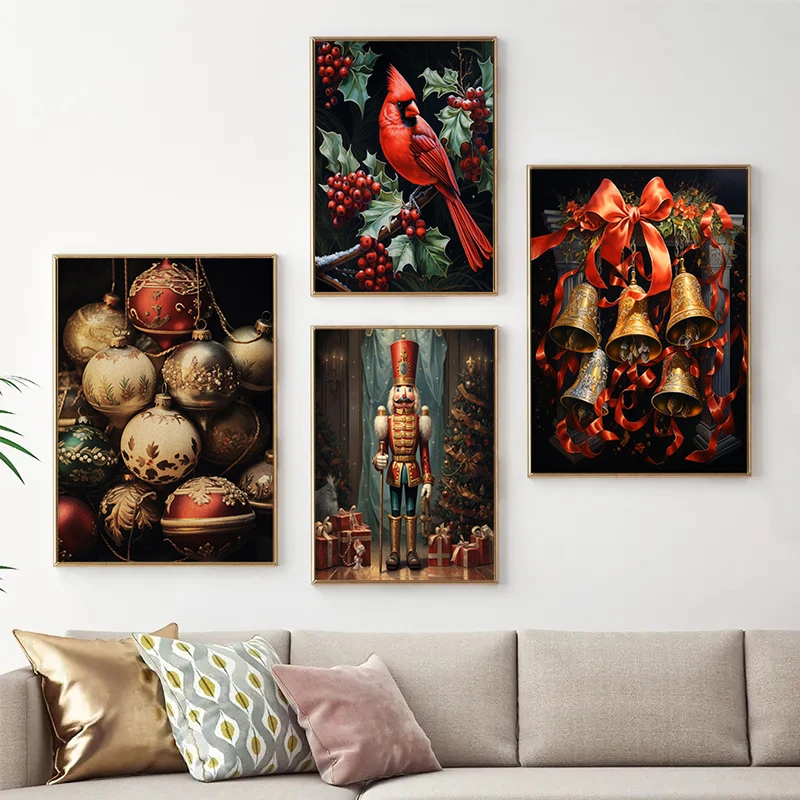 Canvas Painting Winter Christmas Presents Gingerbread House Elk Snowman Santa Claus Poster Wall Art Pictures Home Wall Decor