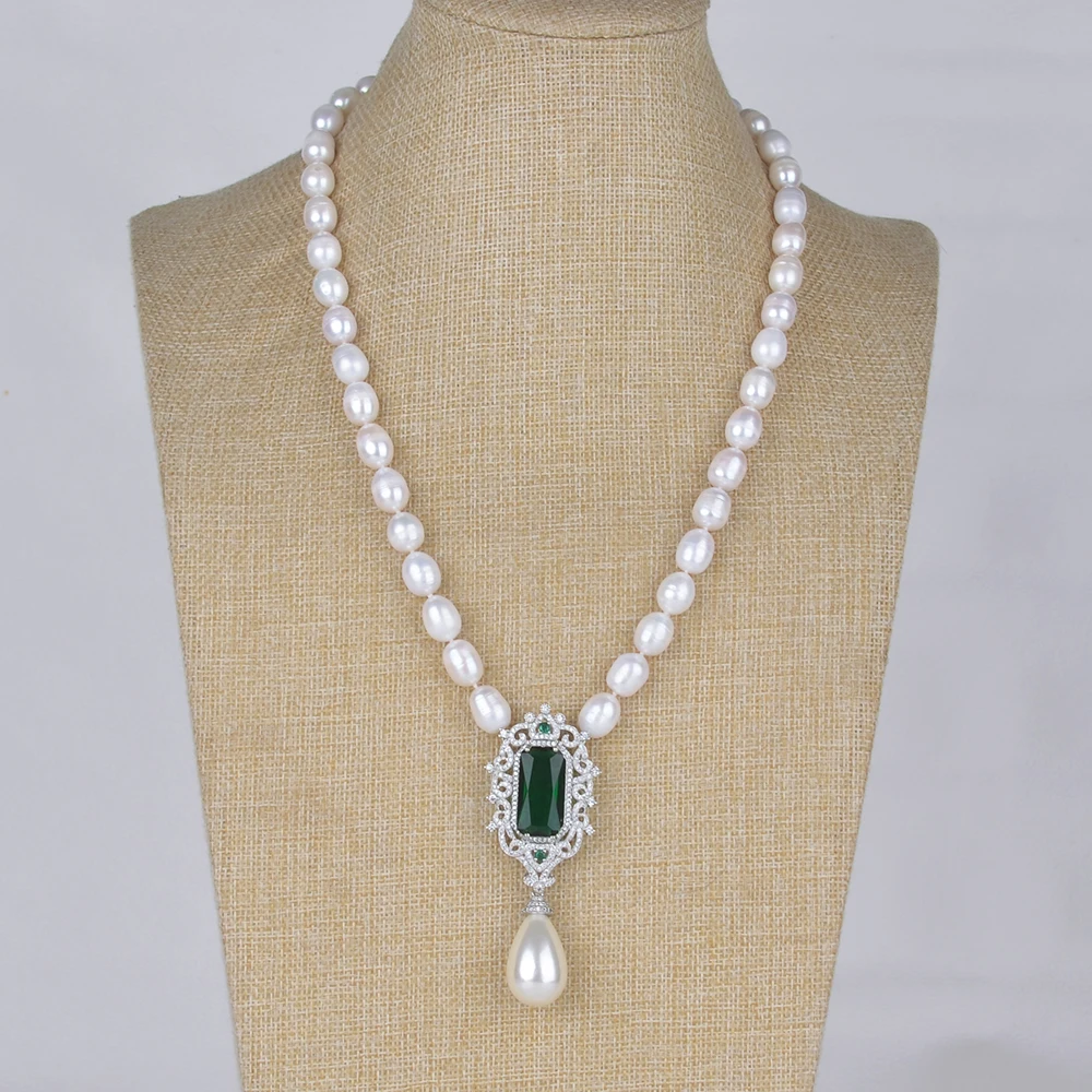 

23" White Pearl Sea Shell Pearl Pendant Green Crystal CZ Necklace CZ