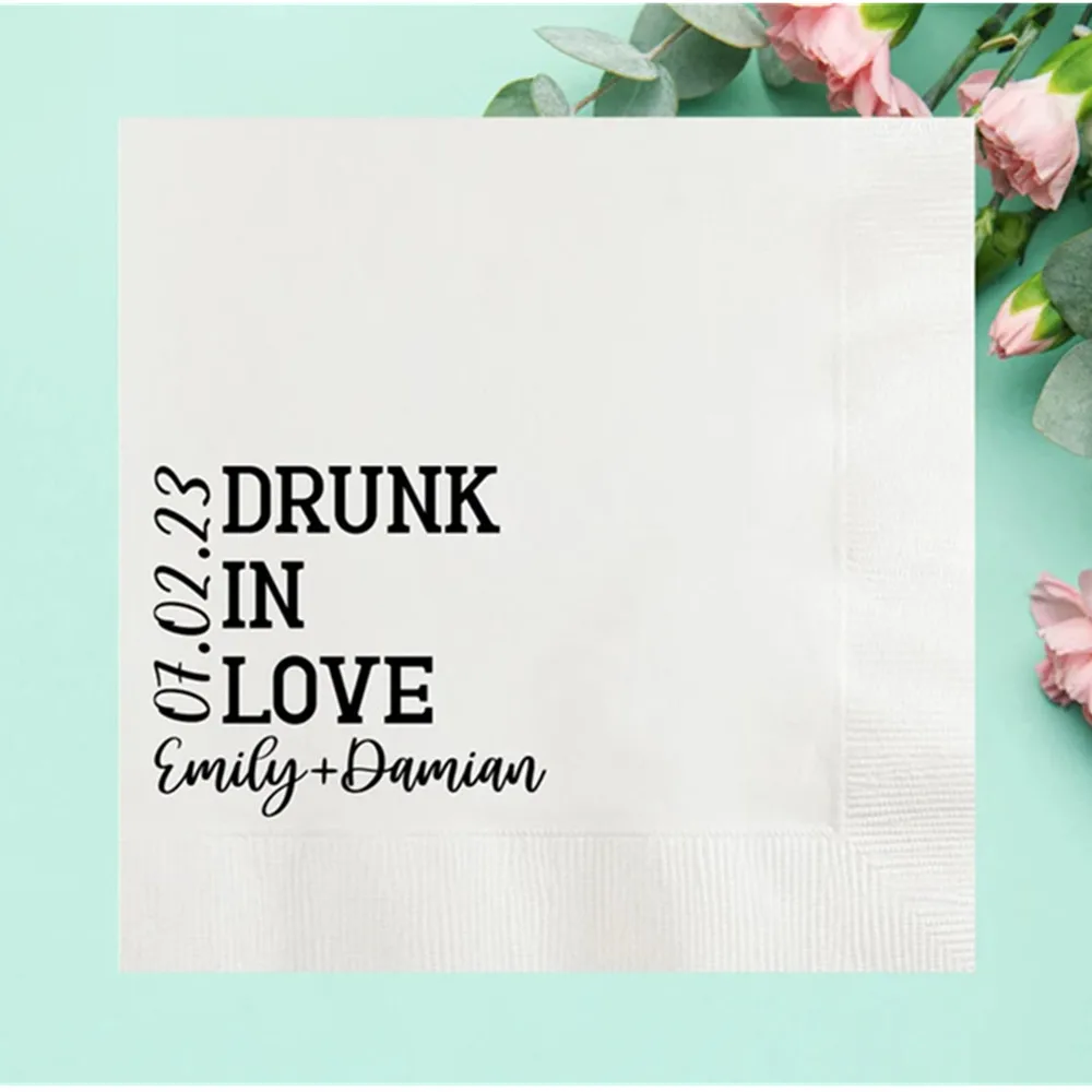 50PCS Drunk in Love Custom Wedding Napkins, Personalized Party Cocktail Napkins, Anniversary Decor, Engagement, Wedding Favors,