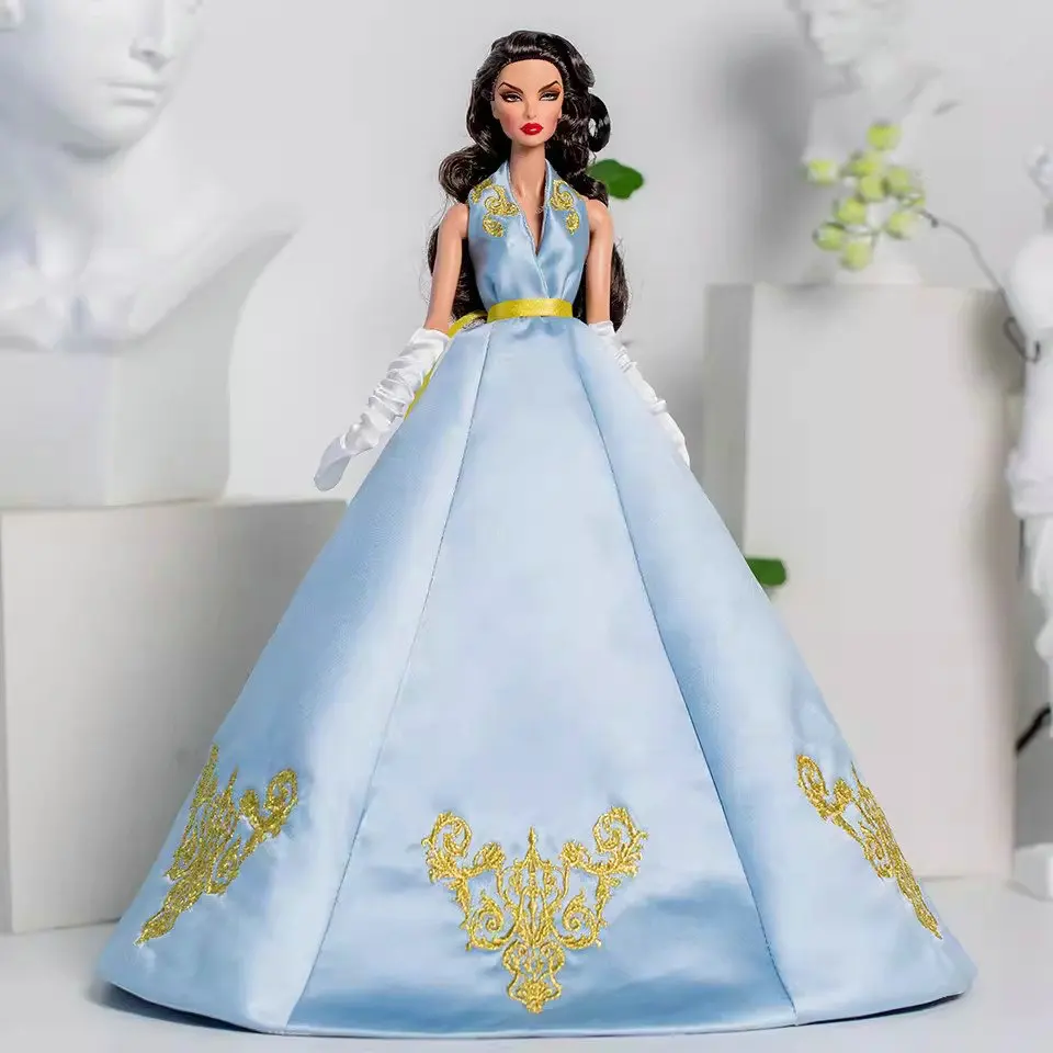 New Doll Clothes High-end Embroidered Blue Brocade Evening Dress for Doll 30cm Babi Blythe Poppy Parker Doll Accessories Toys