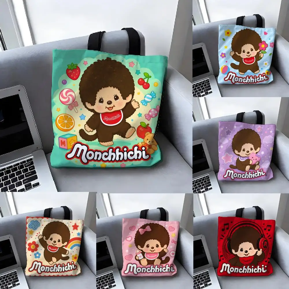 Niedliche Cartoon-Partner-Monchhichi-Aufbewahrungstaschen, Canvas-Tragetasche, große Designer-Handtaschen für Damen, Einkaufstaschen für Lebensmittel