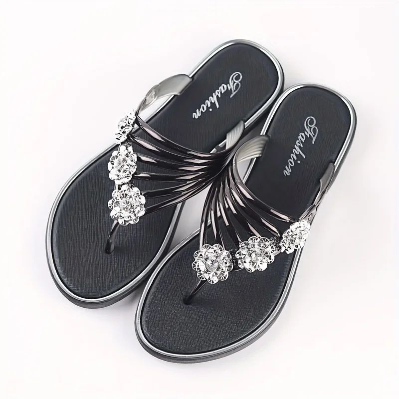 Flower flip flops com strass para as mulheres, sapatos de verão, chinelos de praia ao ar livre