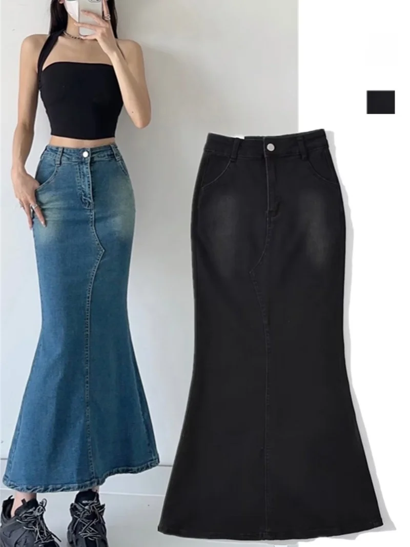 

Mermaid Legend Retro High Waist Long Tail Skirt adient Color Sexy Slit Denim Skirt Street Sle Pure Color A-Line Silhouette