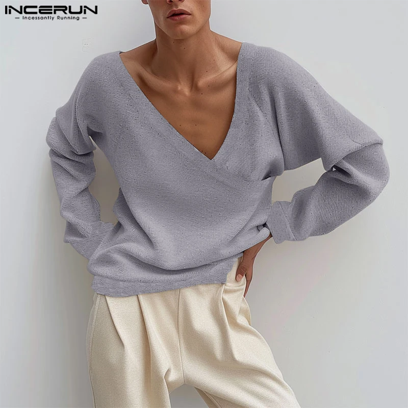 INCERUN بلايز 2025 الرجال جديد وصول الصلبة الخامس الرقبة أنيق كم طويل محبوك تي شيرت الذكور Hot البيع القمم اليومية كبيرة الحجم S-5XL #3